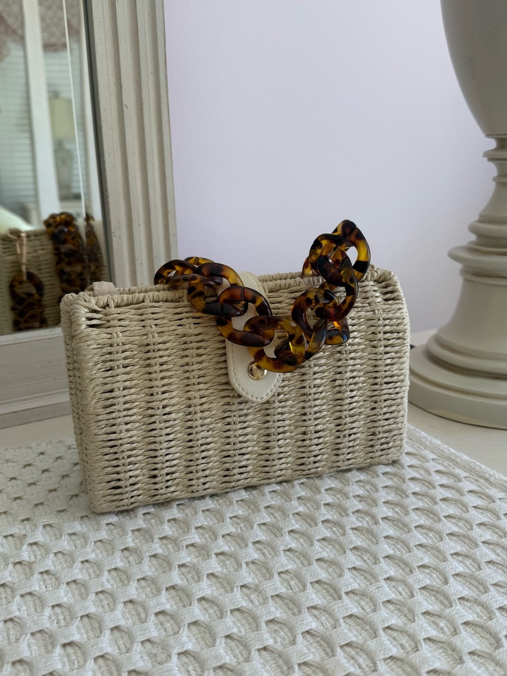 Target Straw Clutch with Tortoiseshell Chain Handle - Cream & Brown